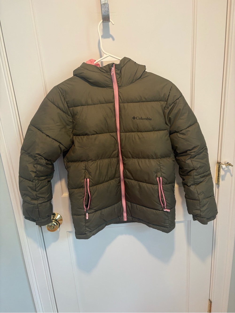 Columbia Kids Olive Green Puffer Jacket with Pink Trim
